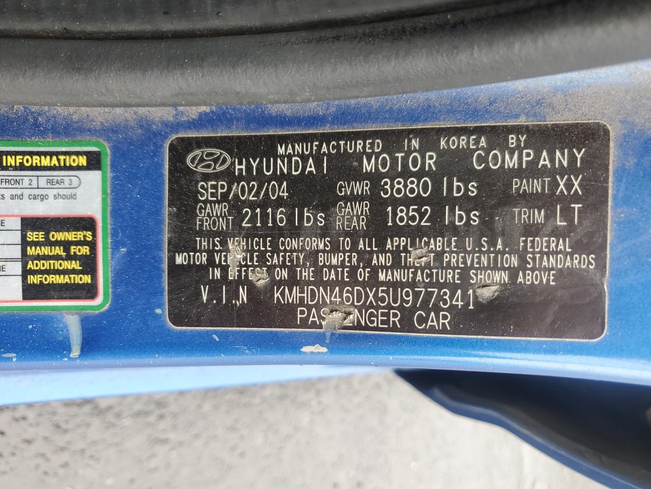 2005 Hyundai Elantra Gls VIN: KMHDN46DX5U977341 Lot: 61721975
