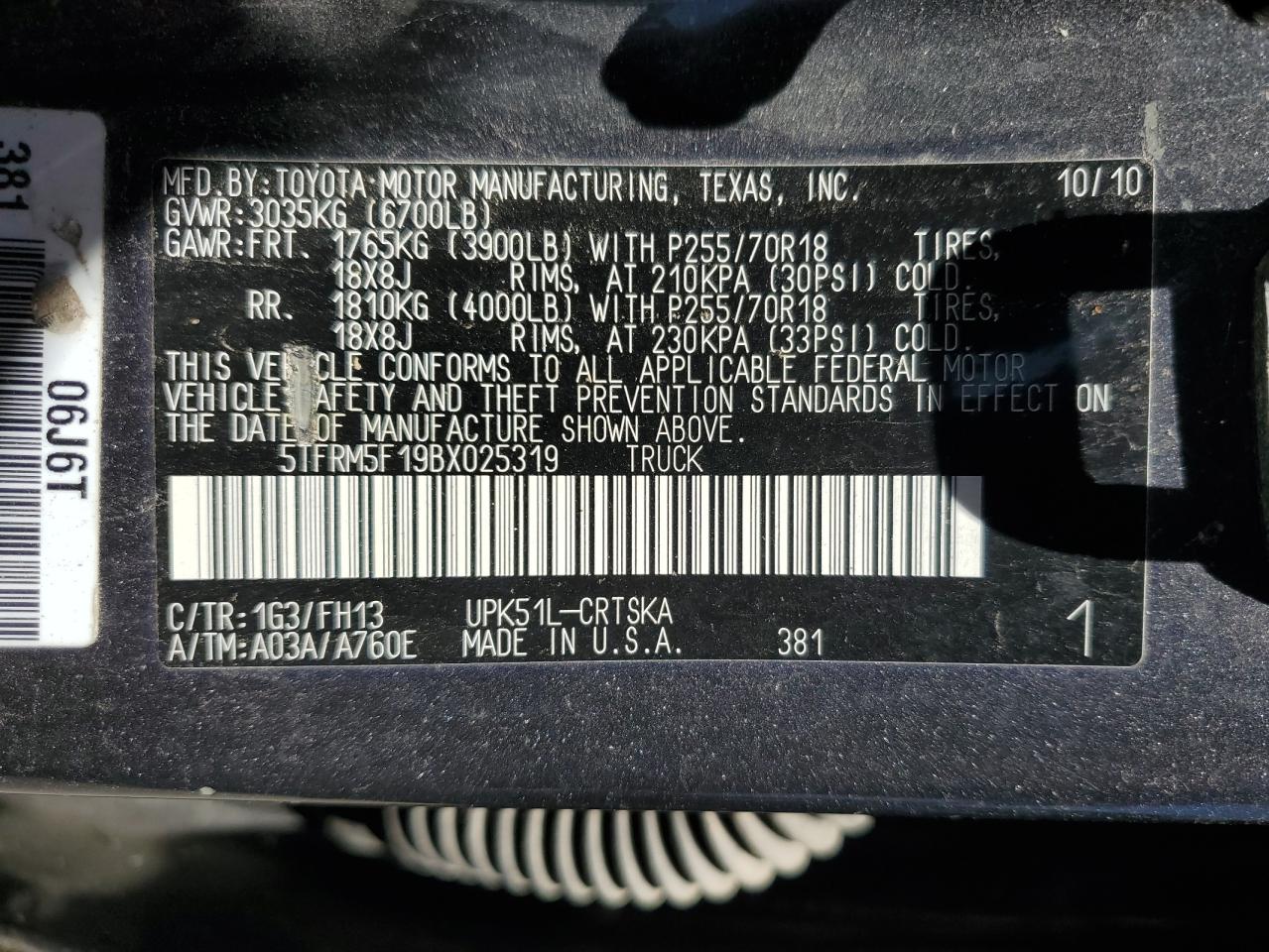 2011 Toyota Tundra Double Cab Sr5 VIN: 5TFRM5F19BX025319 Lot: 57472075