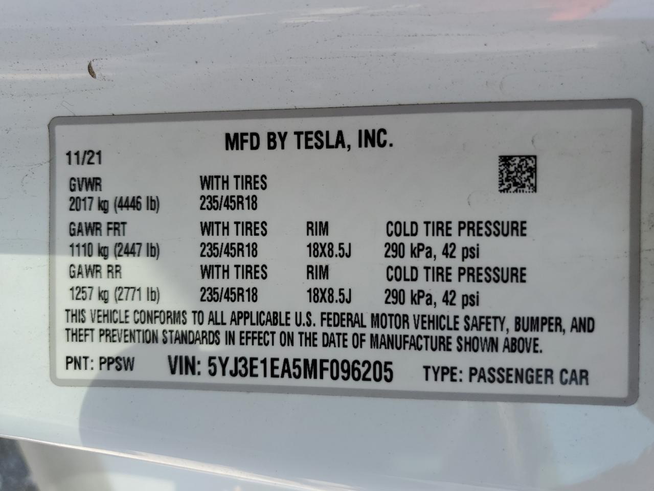 2021 Tesla Model 3 VIN: 5YJ3E1EA5MF096205 Lot: 56989825