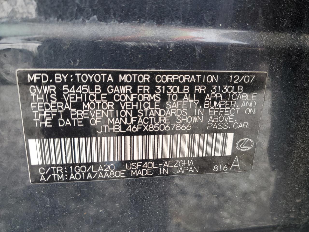 2008 Lexus Ls 460 VIN: JTHBL46FX85067866 Lot: 56025255