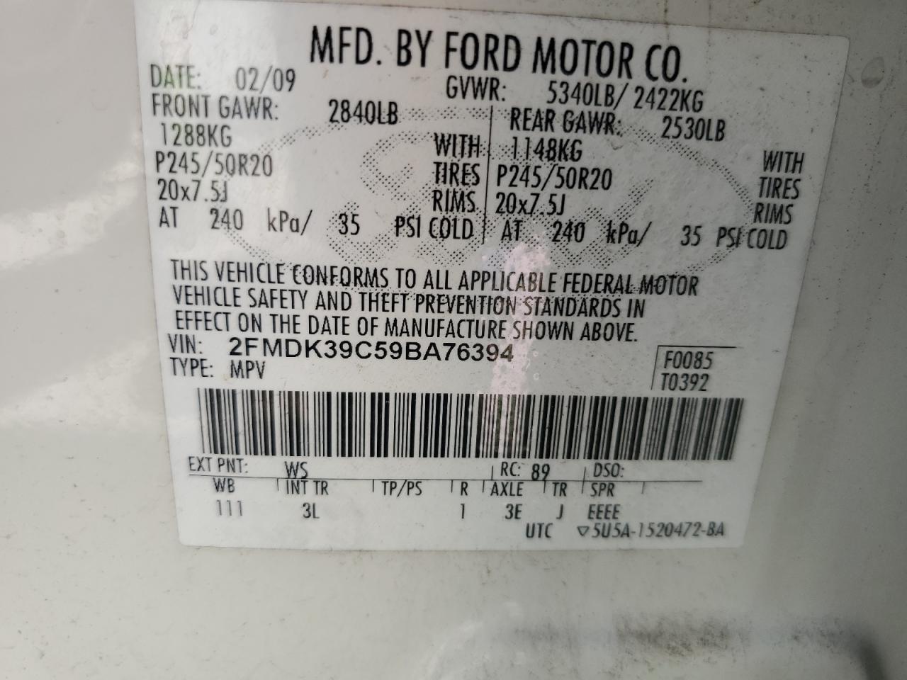2009 Ford Edge Limited VIN: 2FMDK39C59BA76394 Lot: 55883845