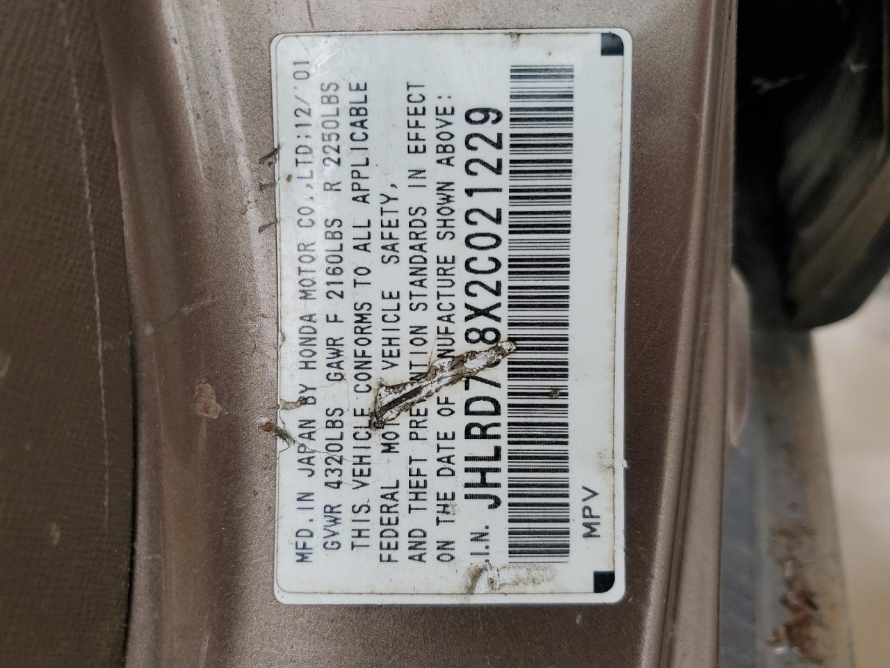 2002 Honda Cr-V Ex VIN: JHLRD788X2C021229 Lot: 89865075