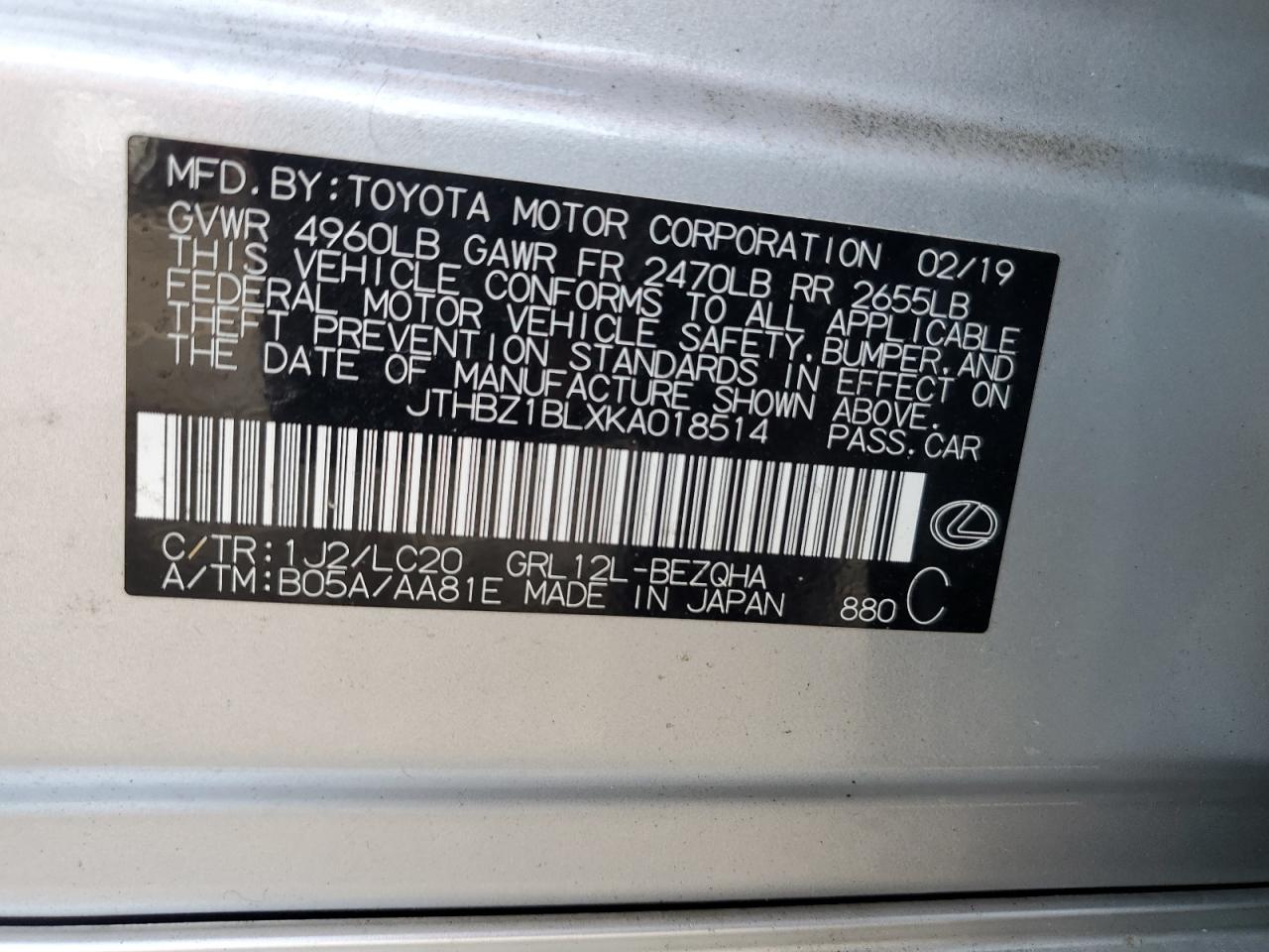 2019 Lexus Gs 350 Base VIN: JTHBZ1BLXKA018514 Lot: 56957425