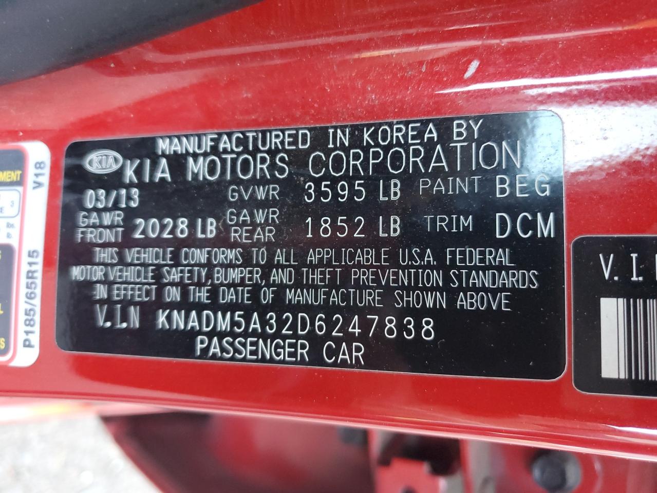 2013 Kia Rio Lx VIN: KNADM5A32D6247838 Lot: 55763925