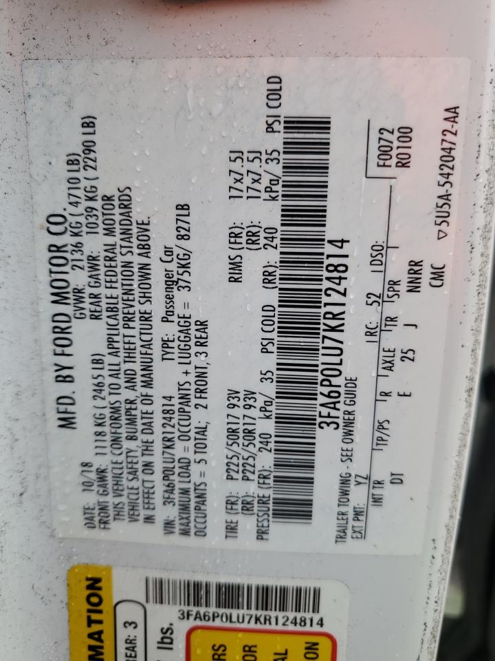 2019 Ford Fusion Se VIN: 3FA6P0LU7KR124814 Lot: 54039355