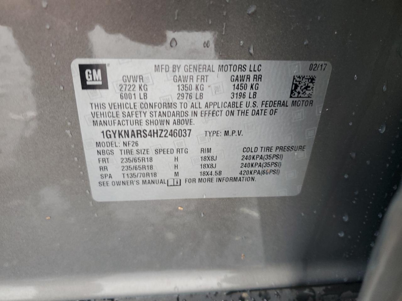 2017 Cadillac Xt5 VIN: 1GYKNARS4HZ246037 Lot: 56381855