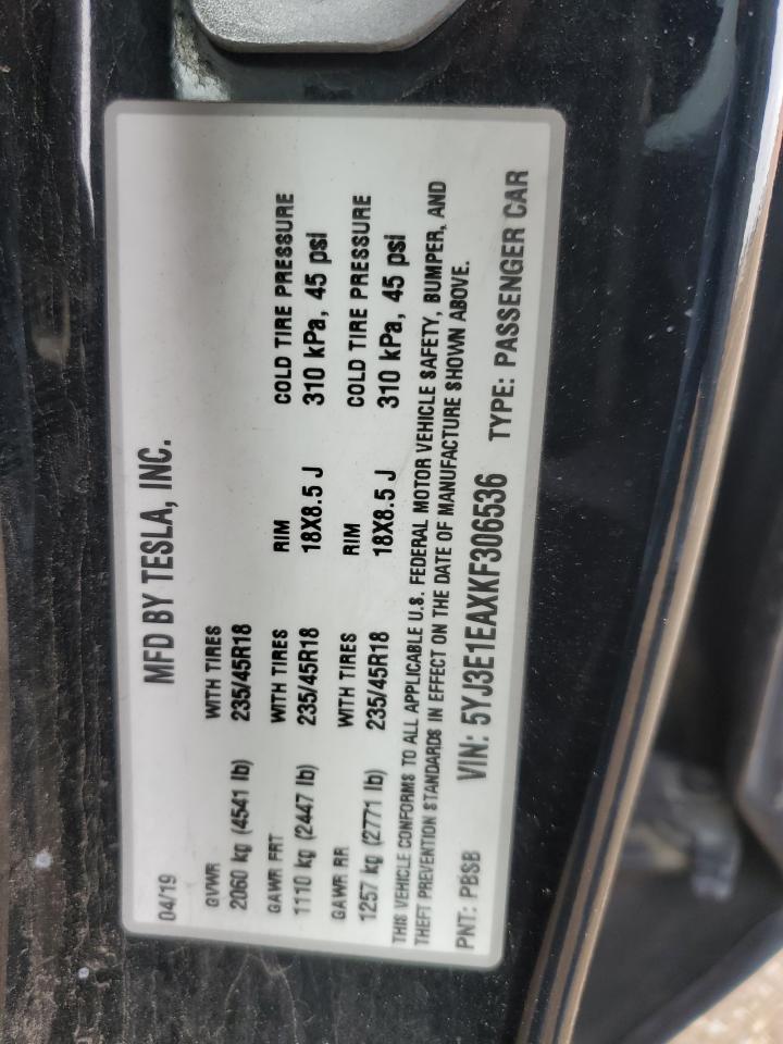2019 Tesla Model 3 VIN: 5YJ3E1EAXKF306536 Lot: 57051695