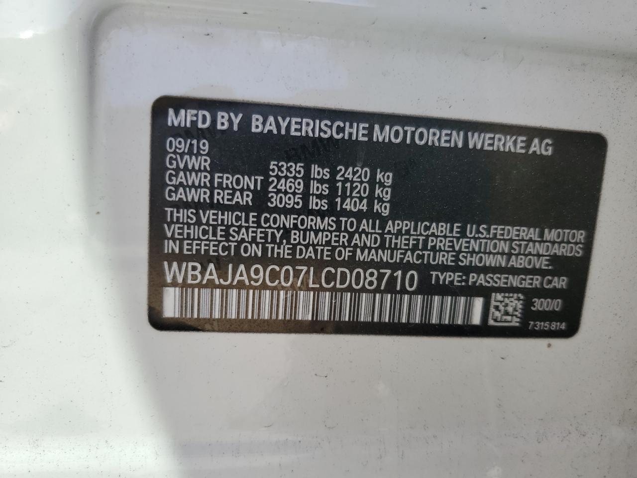 2020 BMW 530E VIN: WBAJA9C07LCD08710 Lot: 56542835