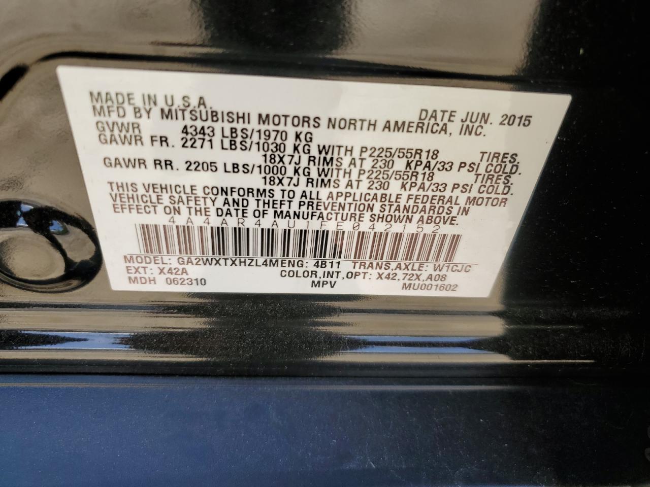 2015 Mitsubishi Outlander Sport Se VIN: 4A4AR4AU1FE042152 Lot: 57428095
