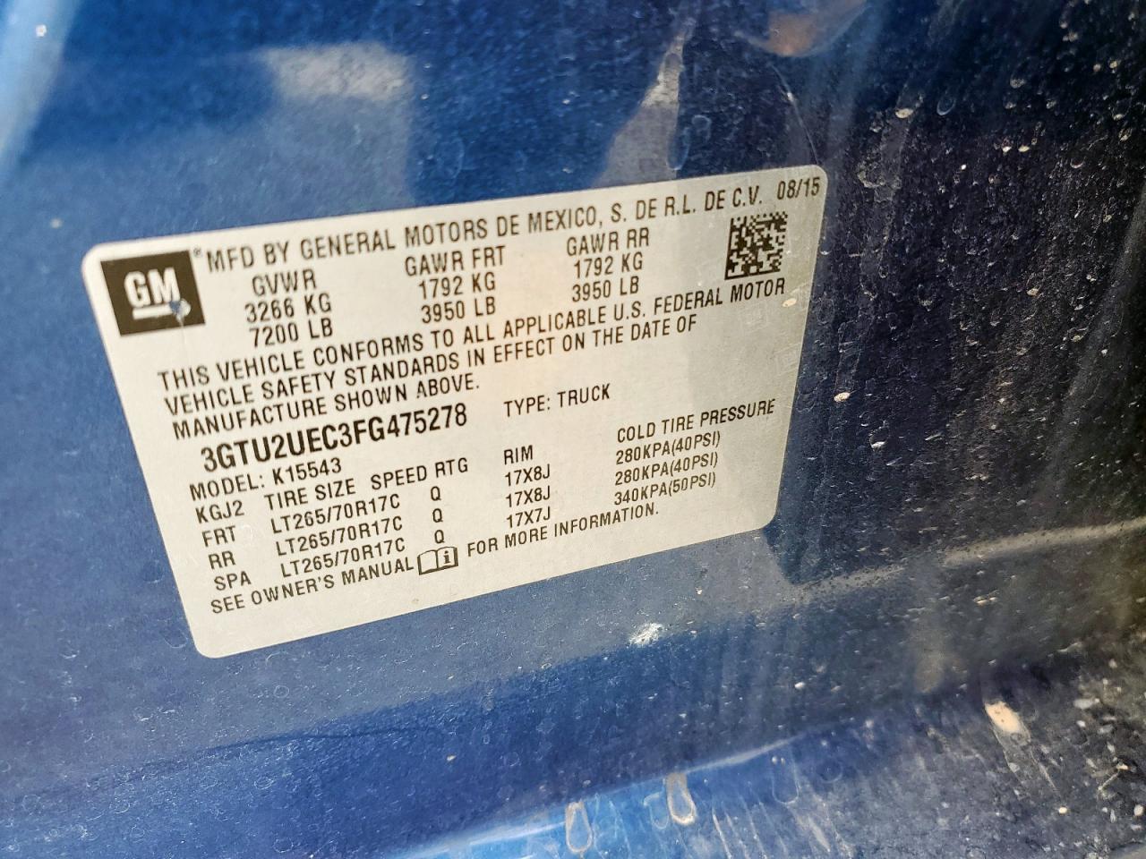 2015 GMC Sierra K1500 Sle VIN: 3GTU2UEC3FG475278 Lot: 59014685