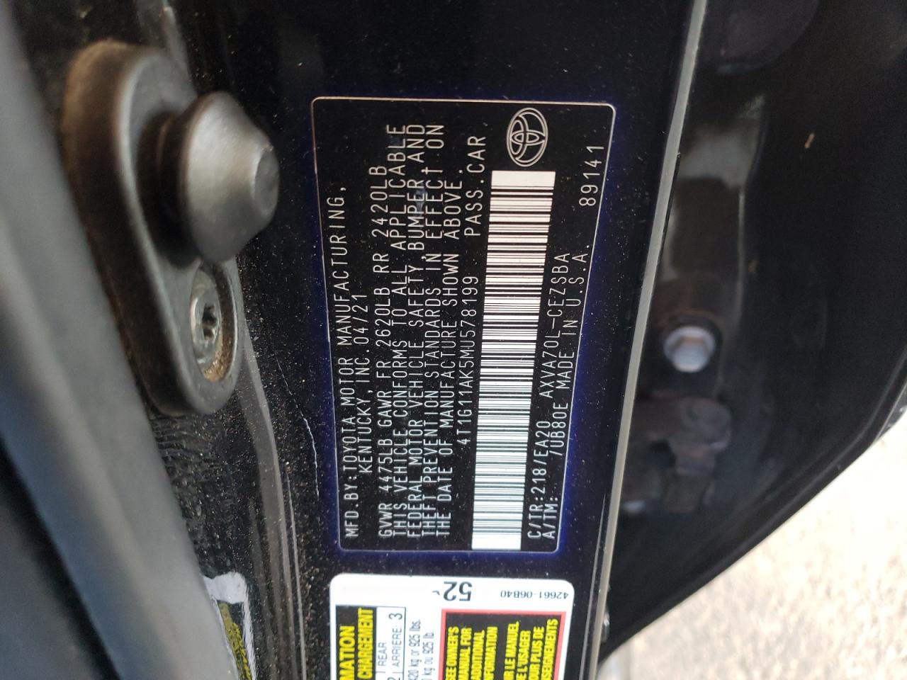 2021 Toyota Camry Se VIN: 4T1G11AK5MU578199 Lot: 57995475