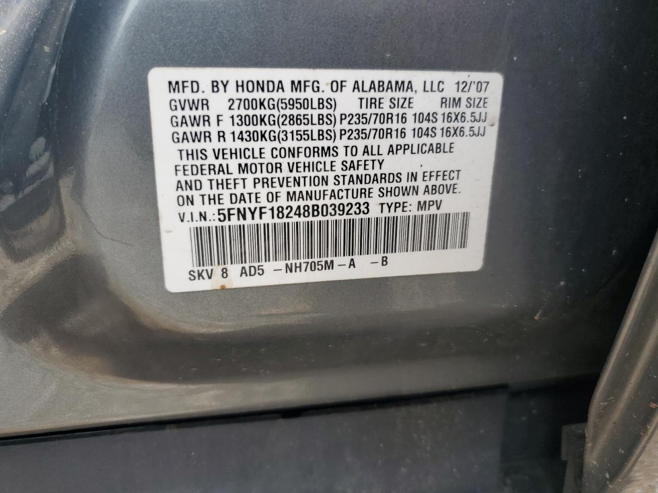 2008 Honda Pilot Vp VIN: 5FNYF18248B039233 Lot: 57203855