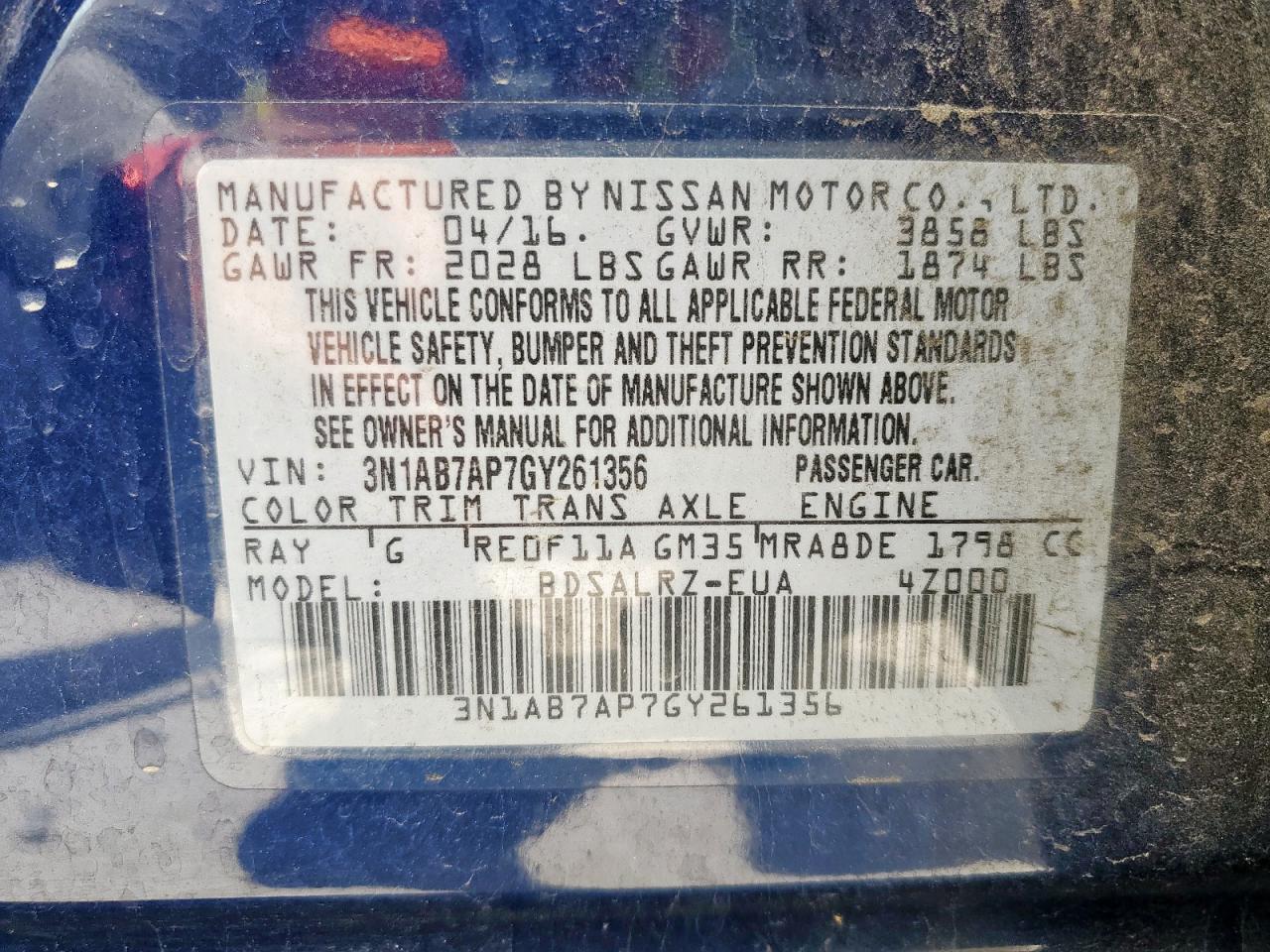 2016 Nissan Sentra S VIN: 3N1AB7AP7GY261356 Lot: 57103925