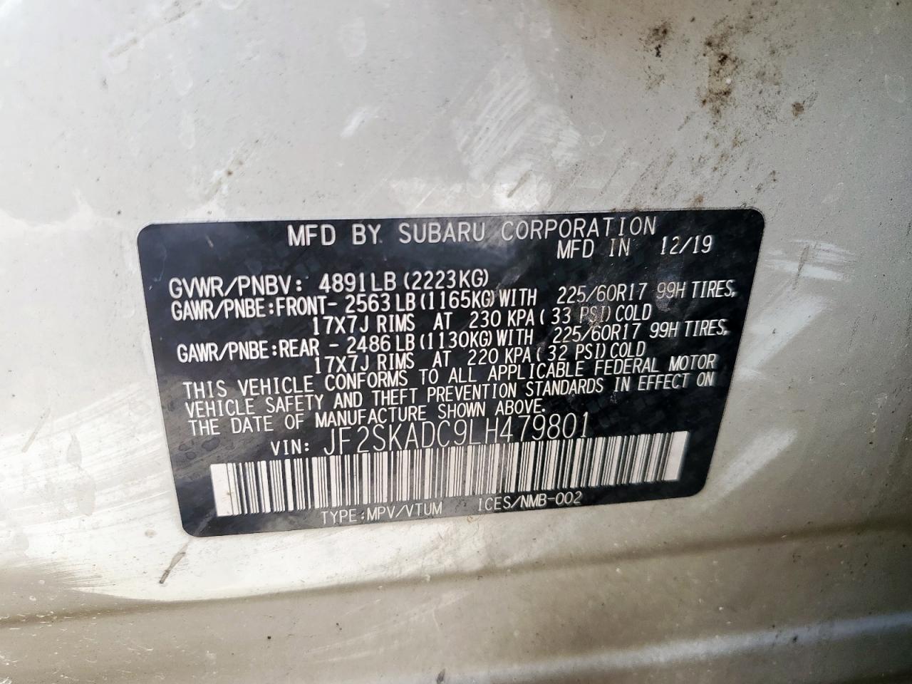 2020 Subaru Forester VIN: JF2SKADC9LH479801 Lot: 58394465
