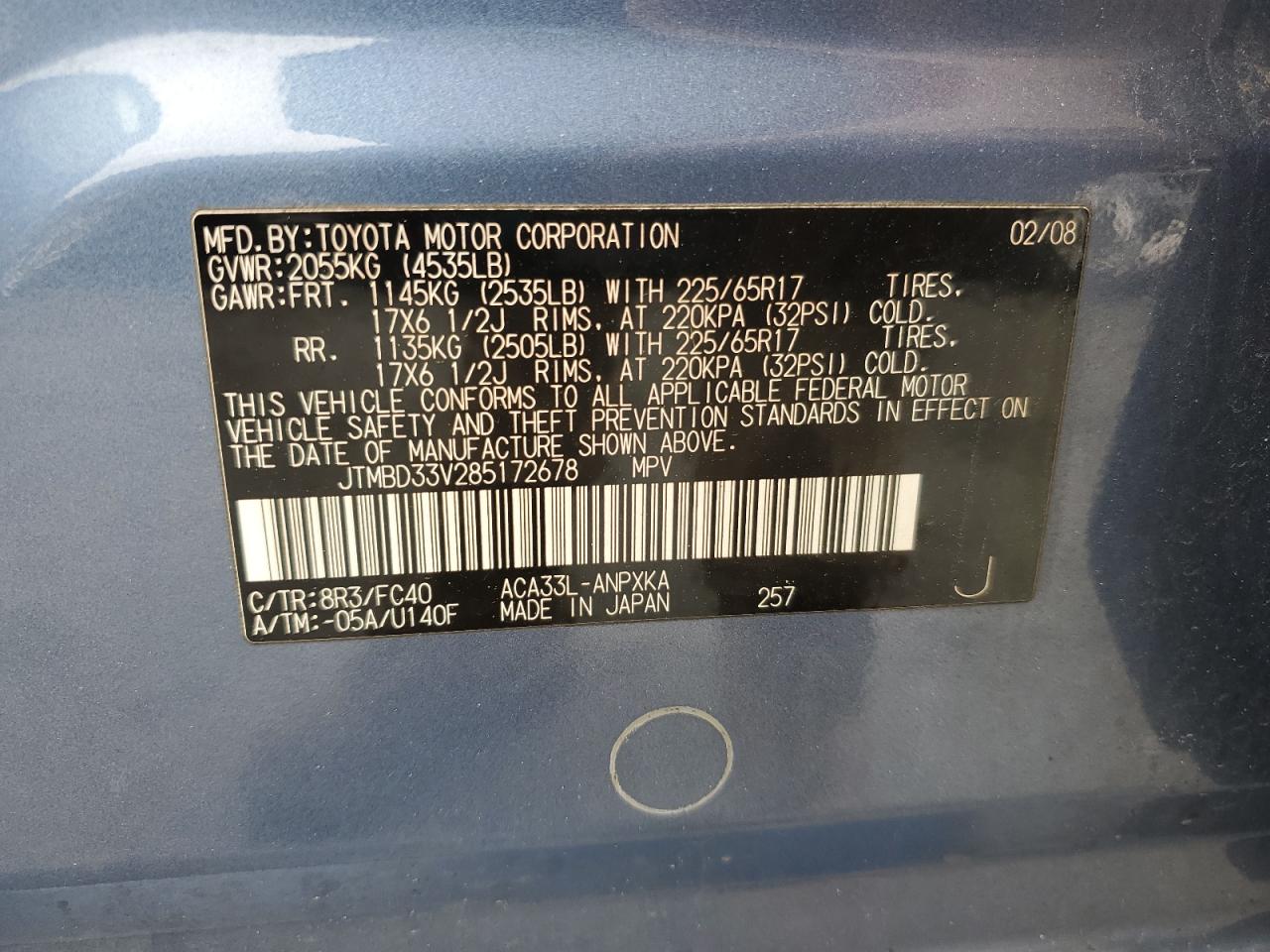 2008 Toyota Rav4 VIN: JTMBD33V285172678 Lot: 56651705