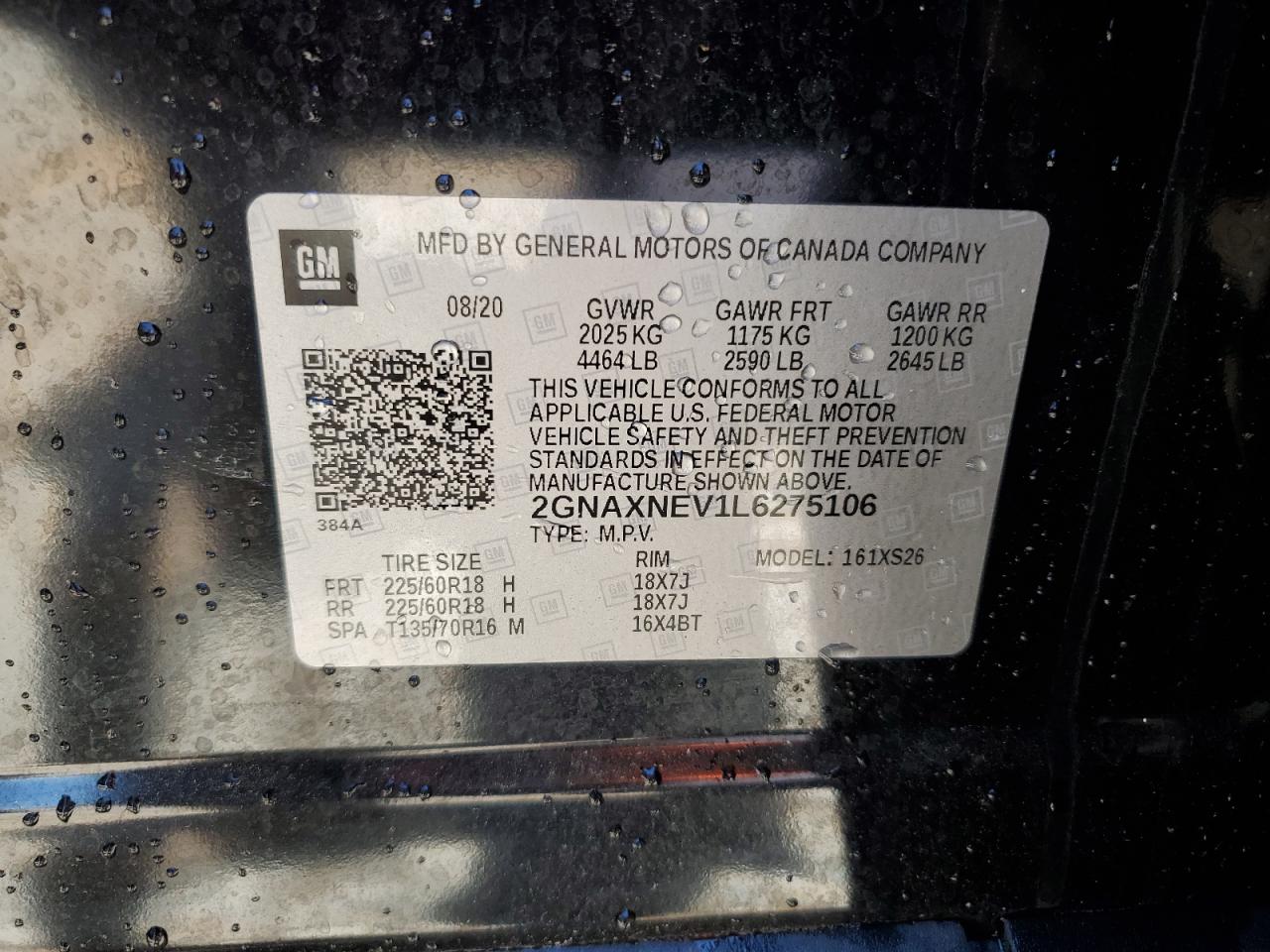 2020 Chevrolet Equinox Premier VIN: 2GNAXNEV1L6275106 Lot: 57956795