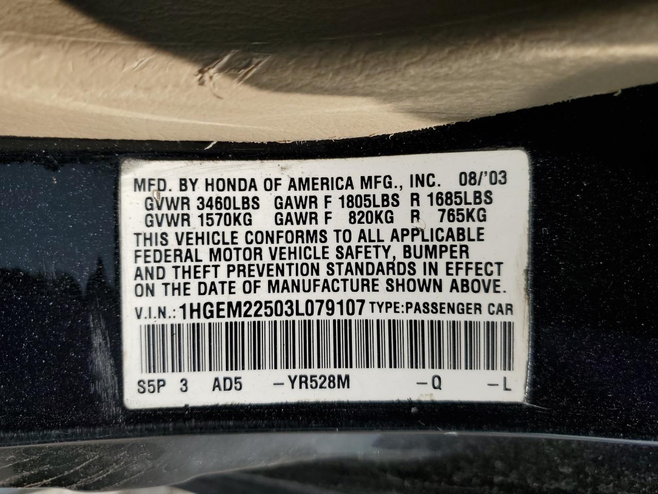 2003 Honda Civic Lx VIN: 1HGEM22503L079107 Lot: 58369975
