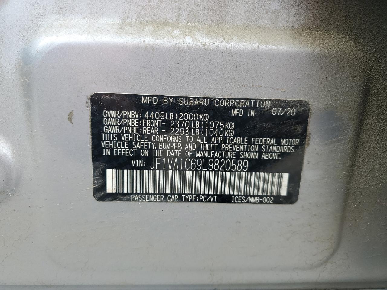 2020 Subaru Wrx Premium VIN: JF1VA1C69L9820589 Lot: 58726005