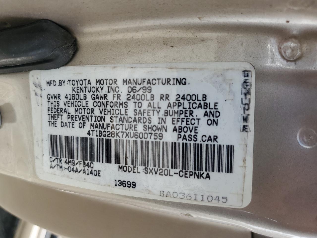 1999 Toyota Camry Ce VIN: 4T1BG28K7XU600759 Lot: 56916705