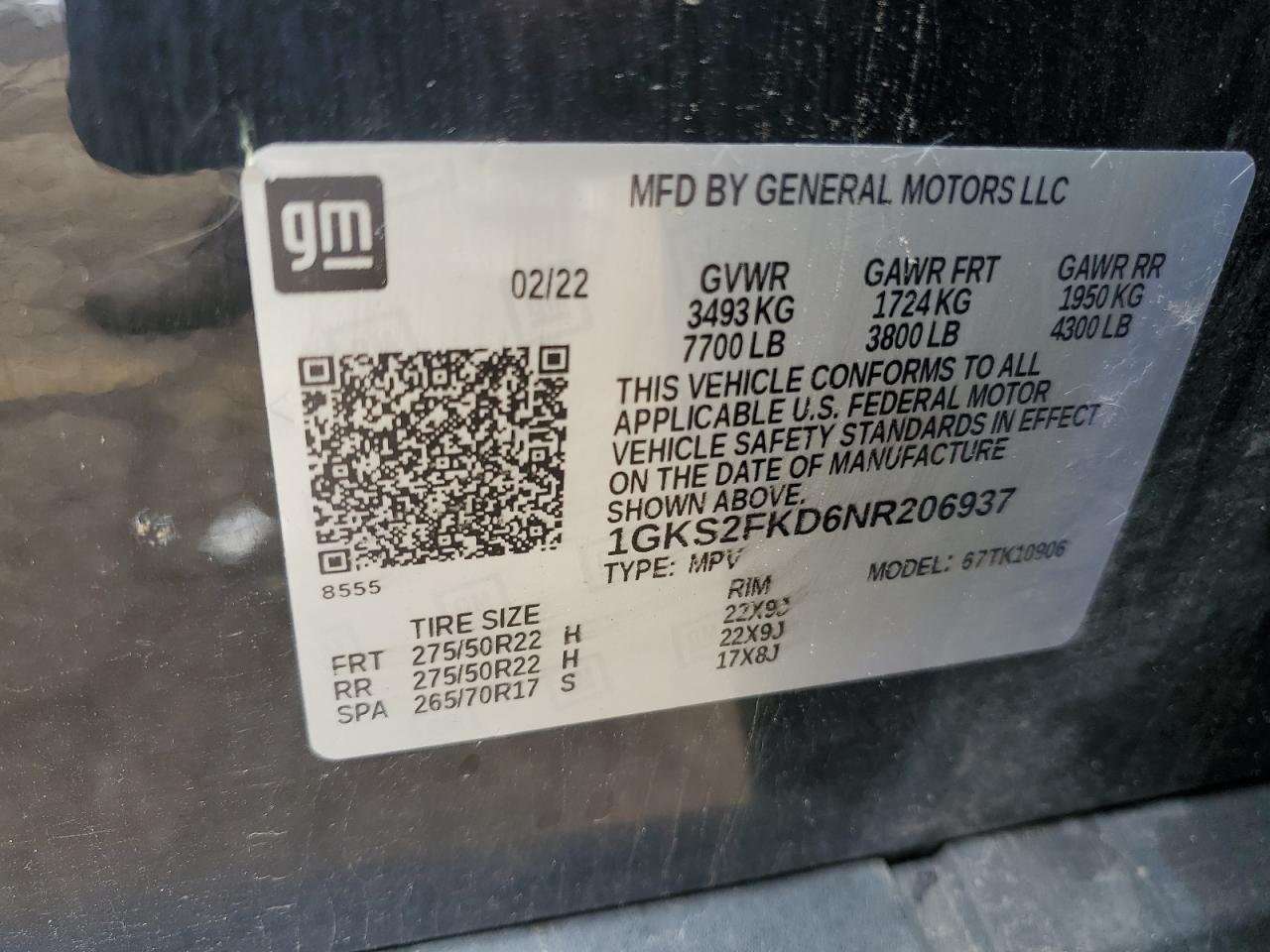2022 GMC Yukon Xl K1500 Sle VIN: 1GKS2FKD6NR206937 Lot: 55625435