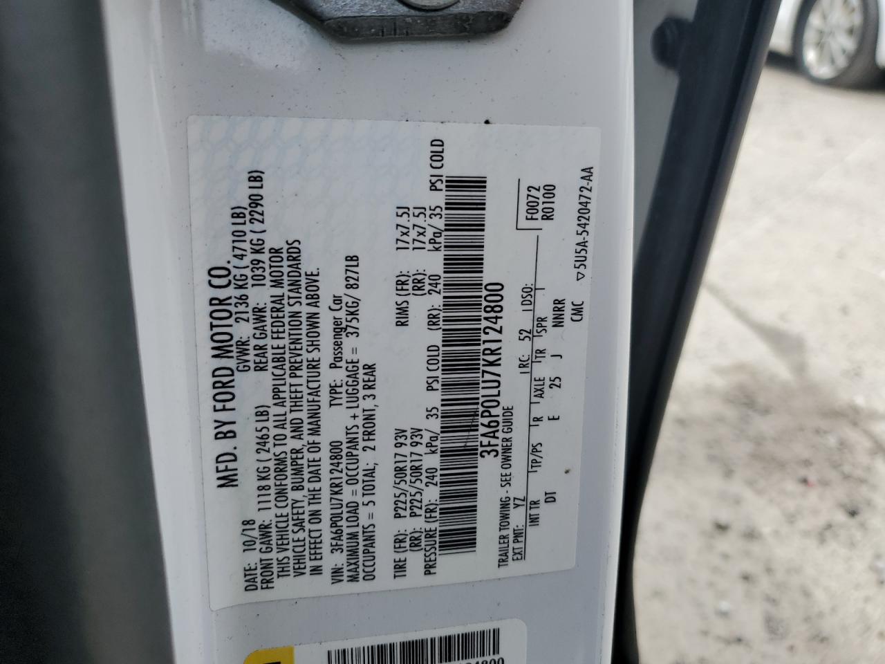 2019 Ford Fusion Se VIN: 3FA6P0LU7KR124800 Lot: 55085175