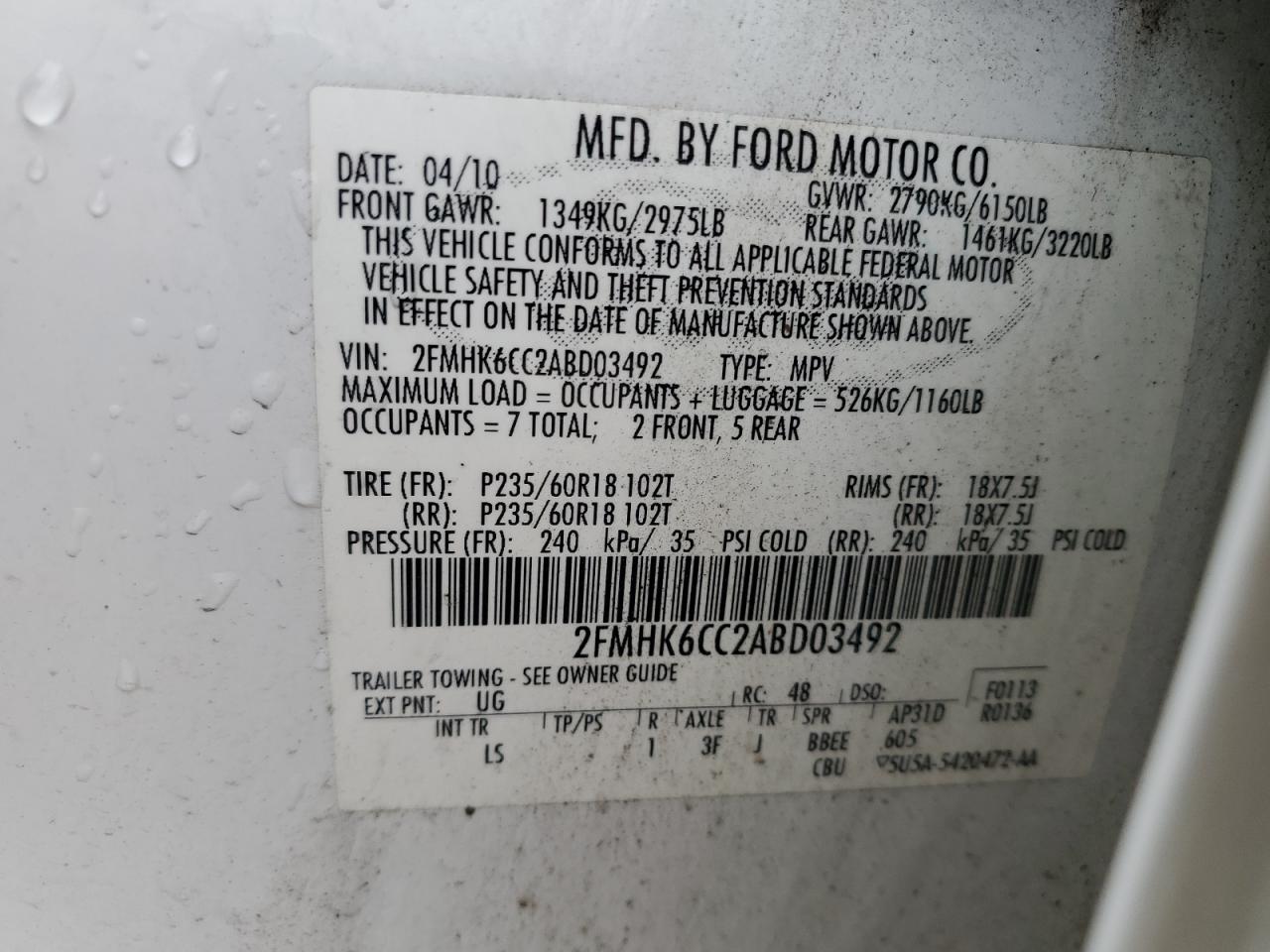 2010 Ford Flex Sel VIN: 2FMHK6CC2ABD03492 Lot: 57161895