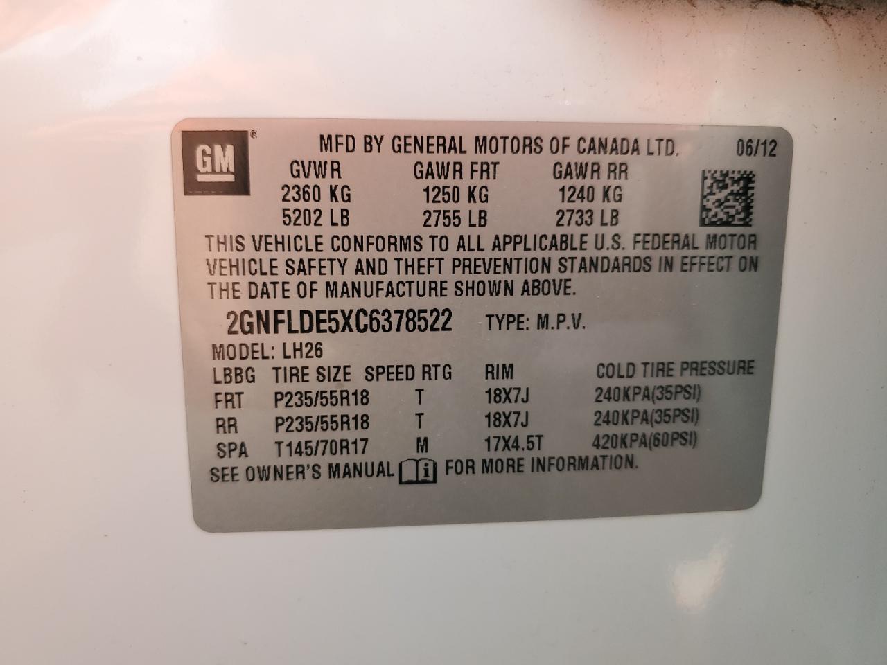 2012 Chevrolet Equinox Lt VIN: 2GNFLDE5XC6378522 Lot: 57353195