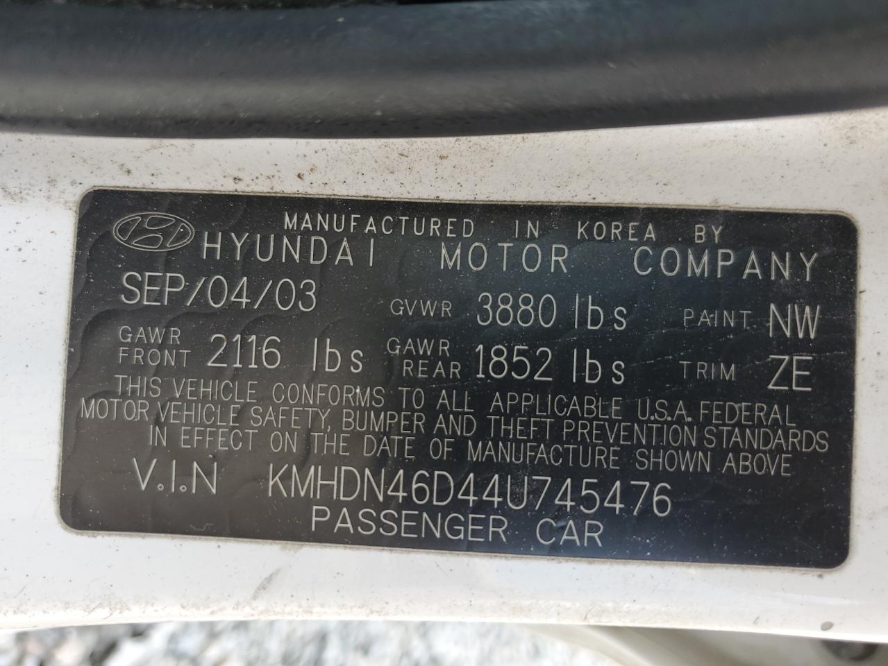 2004 Hyundai Elantra Gls VIN: KMHDN46D44U745476 Lot: 55358825