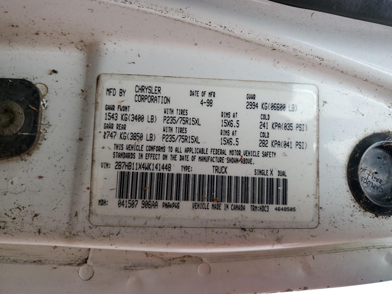 1998 Dodge Ram Van B1500 VIN: 2B7HB11X4WK141448 Lot: 55905285