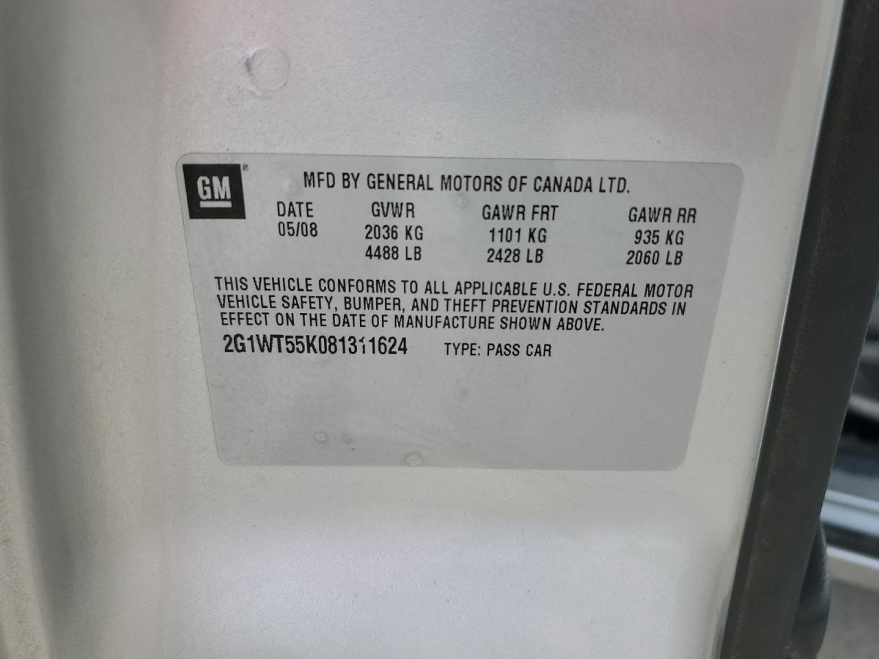 2008 Chevrolet Impala Lt VIN: 2G1WT55K081311624 Lot: 84880275