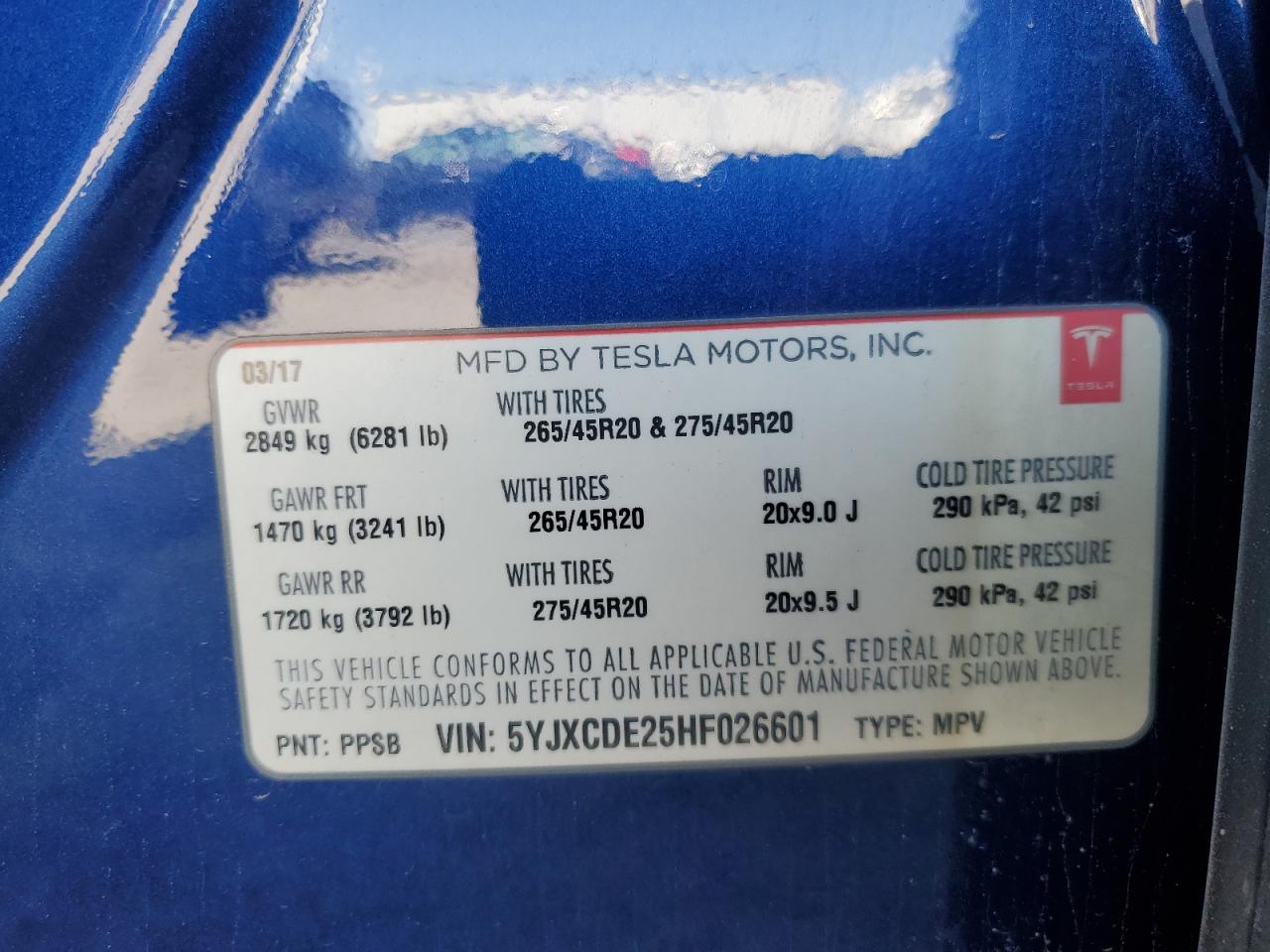 2017 Tesla Model X VIN: 5YJXCDE25HF026601 Lot: 55817135