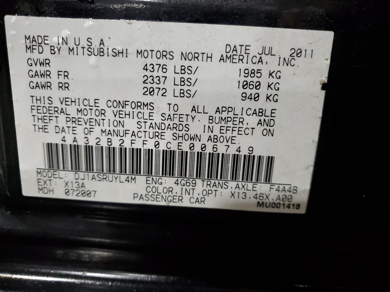 2012 Mitsubishi Galant Fe VIN: 4A32B2FF0CE006749 Lot: 56602695