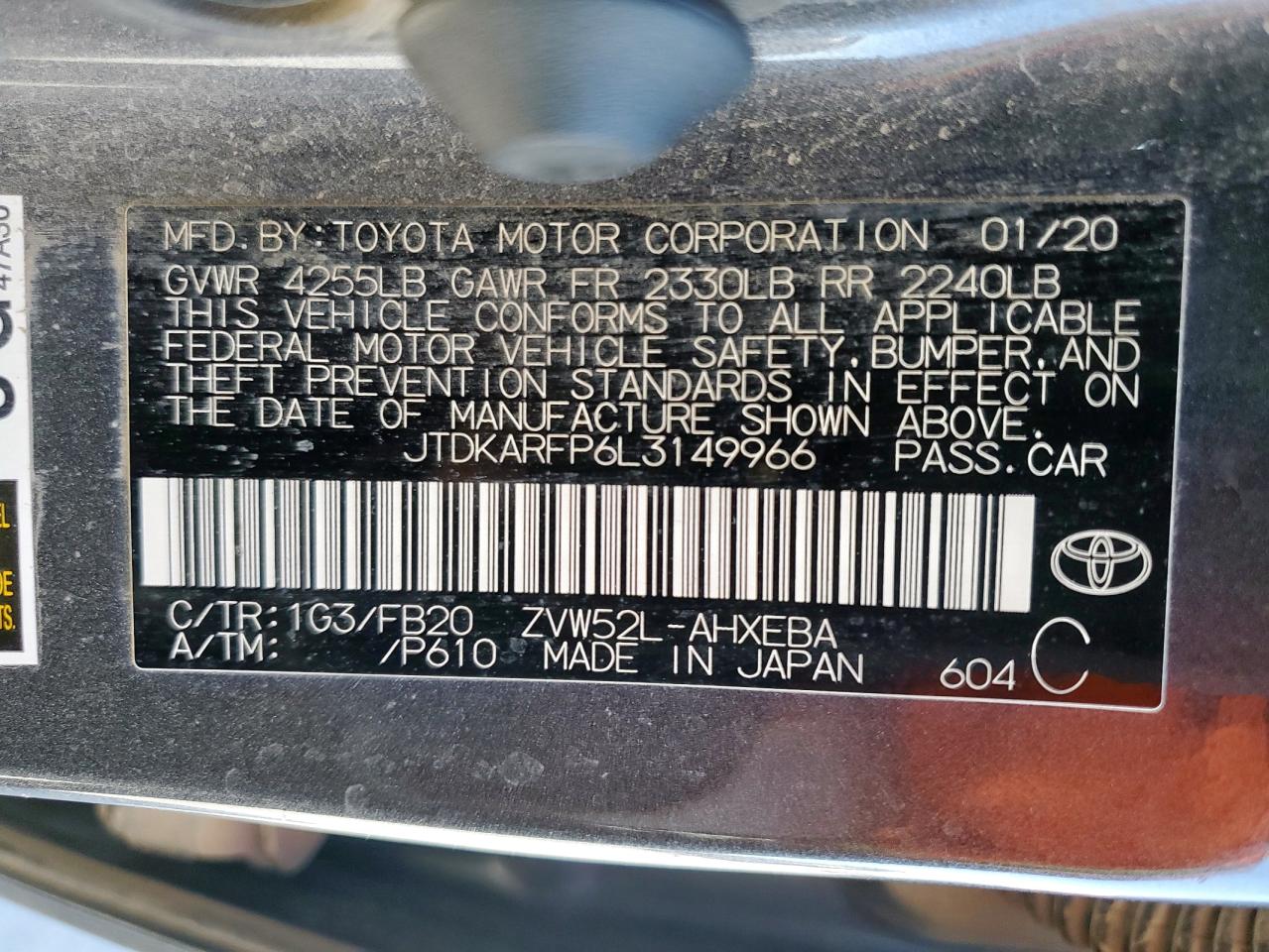 2020 Toyota Prius Prime Le VIN: JTDKARFP6L3149966 Lot: 57795705