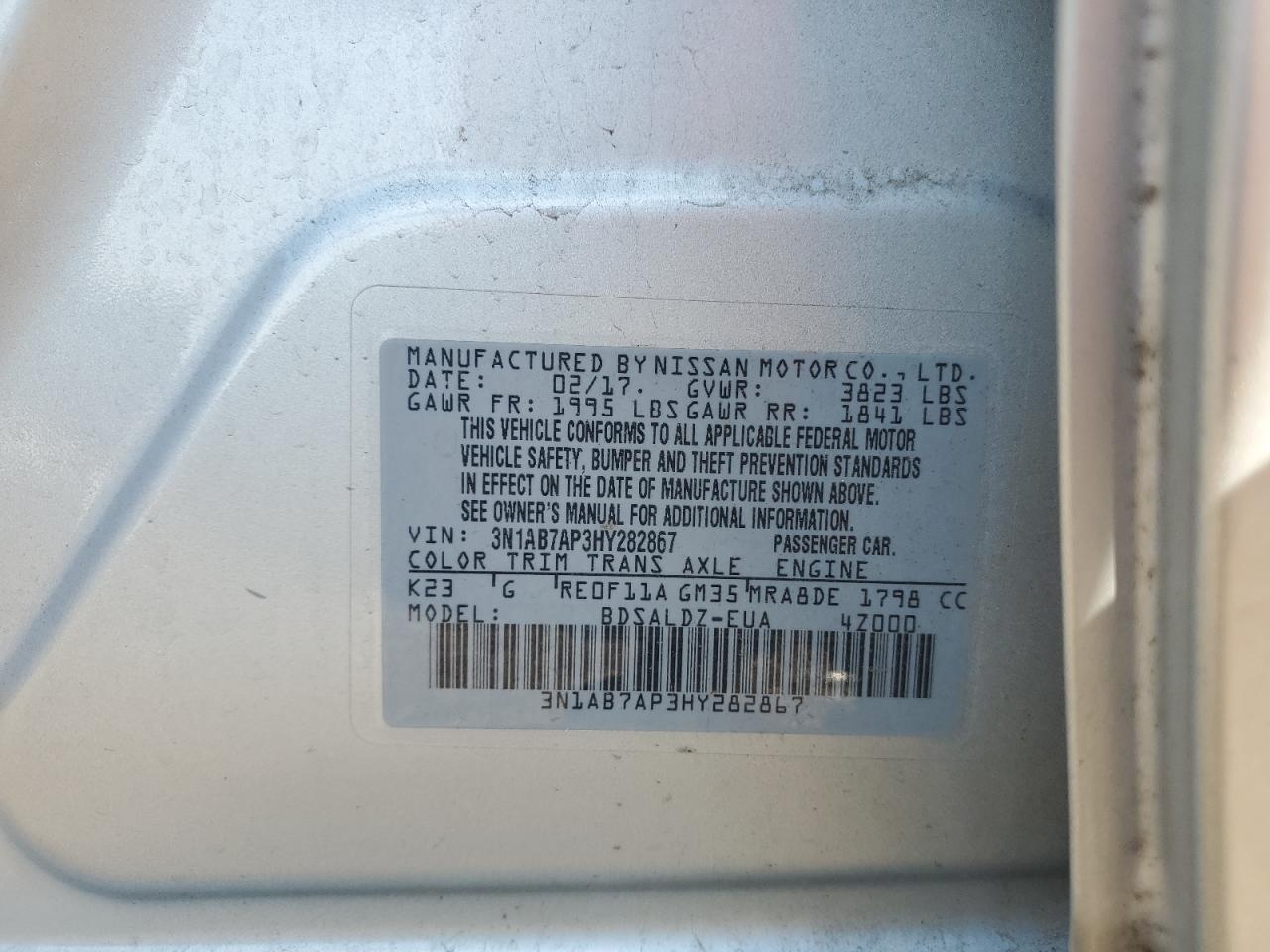 2017 Nissan Sentra S VIN: 3N1AB7AP3HY282867 Lot: 57025445