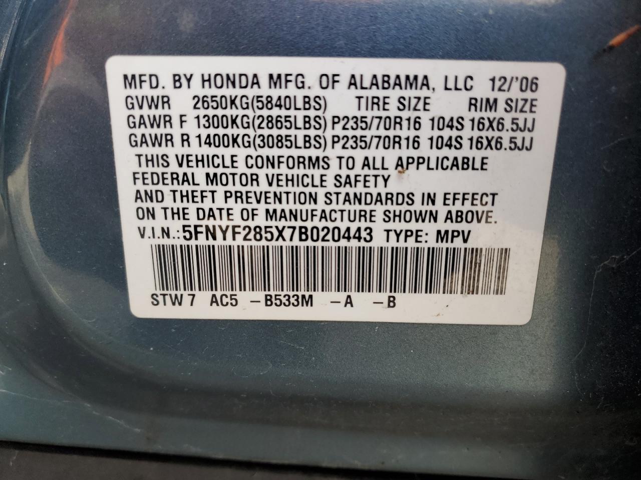 2007 Honda Pilot Exl VIN: 5FNYF285X7B020443 Lot: 56336725