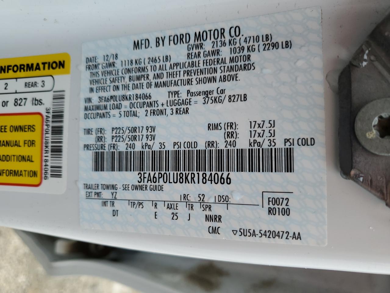 2019 Ford Fusion Se VIN: 3FA6P0LU8KR184066 Lot: 55083105