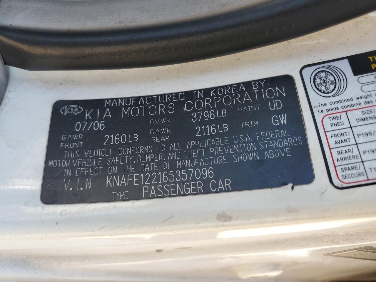 2006 Kia Spectra Lx VIN: KNAFE122165357096 Lot: 56351065