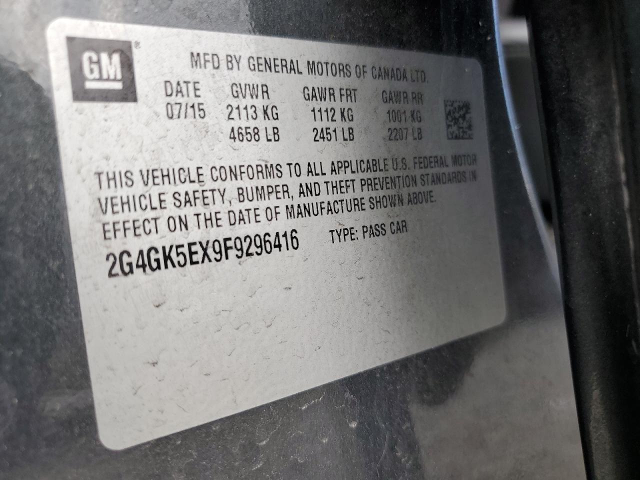 2015 Buick Regal VIN: 2G4GK5EX9F9296416 Lot: 57057725