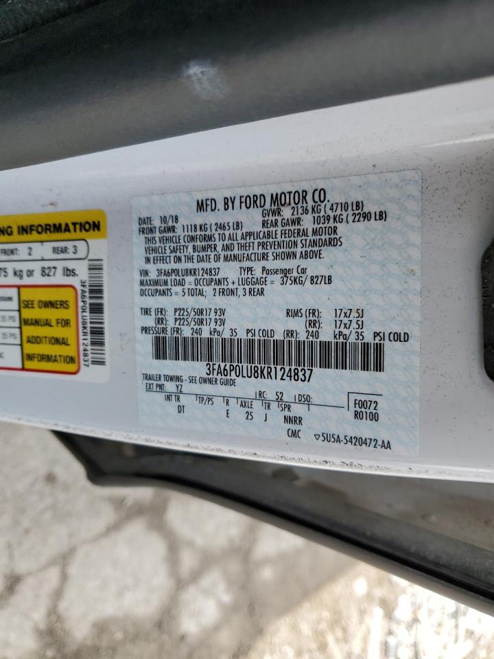 2019 Ford Fusion Se VIN: 3FA6P0LU8KR124837 Lot: 54030055