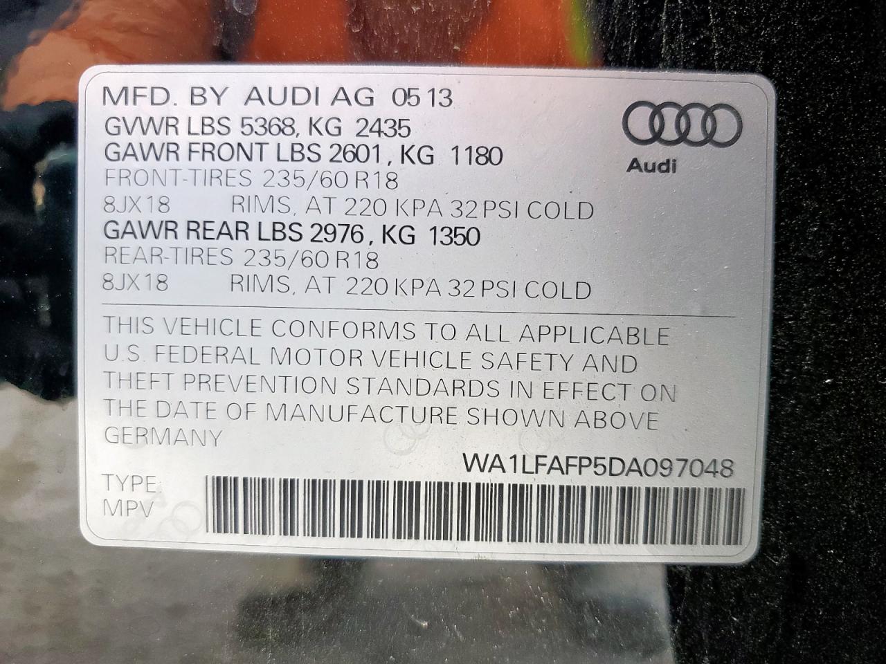 2013 Audi Q5 Premium Plus VIN: WA1LFAFP5DA097048 Lot: 57334065
