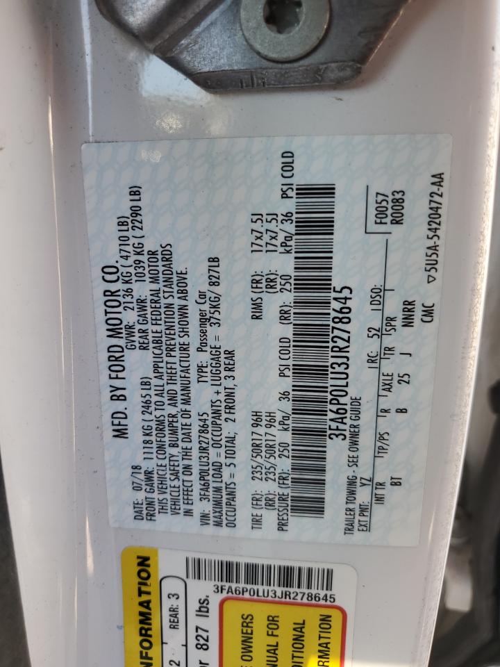 2018 Ford Fusion Se Hybrid VIN: 3FA6P0LU3JR278645 Lot: 54029815