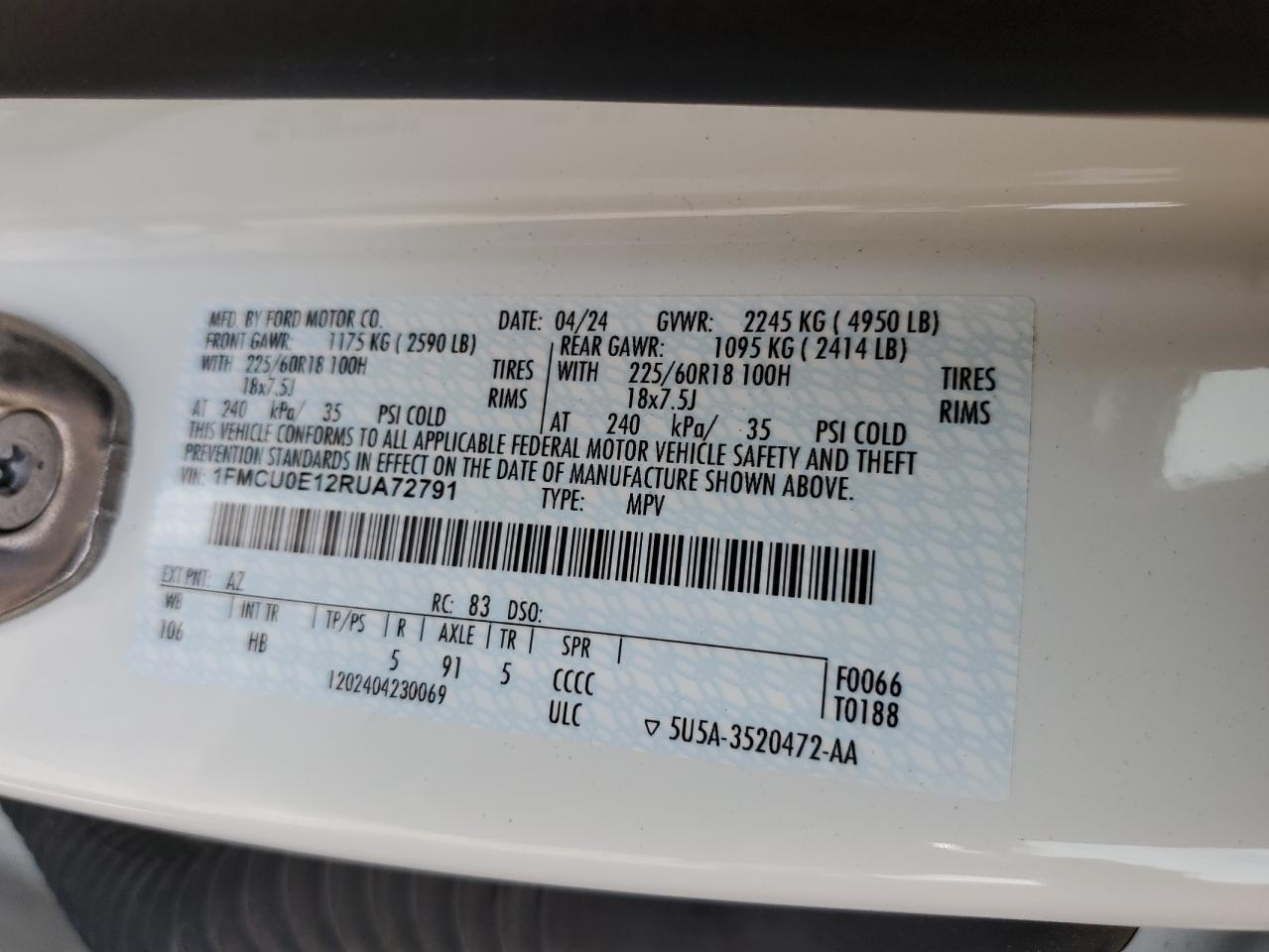 2024 Ford Escape VIN: 1FMCU0E12RUA72791 Lot: 58387405