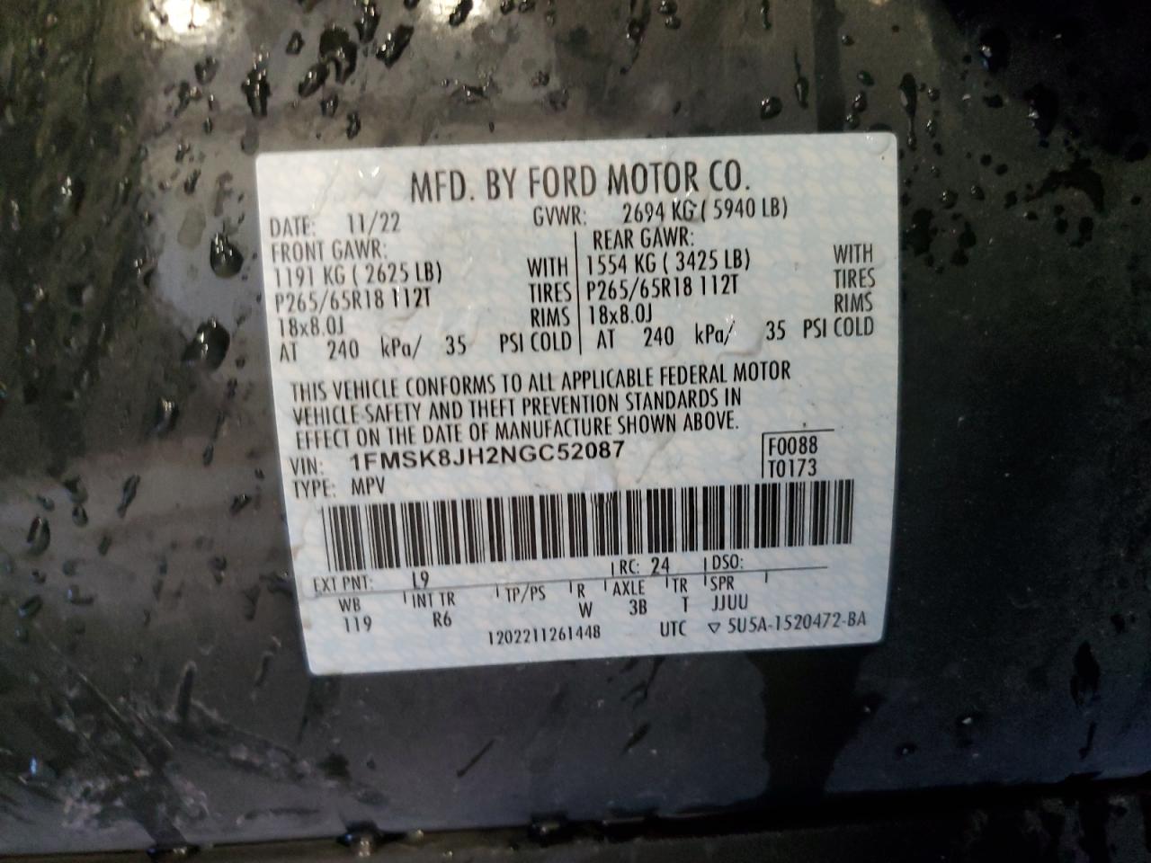2022 Ford Explorer Timberline VIN: 1FMSK8JH2NGC52087 Lot: 55945605