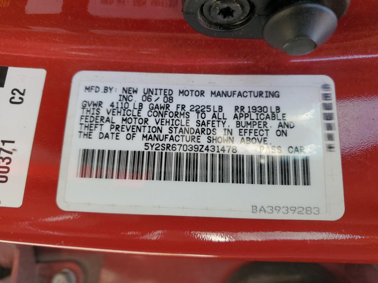 2009 Pontiac Vibe Gt VIN: 5Y2SR67039Z431478 Lot: 56026645