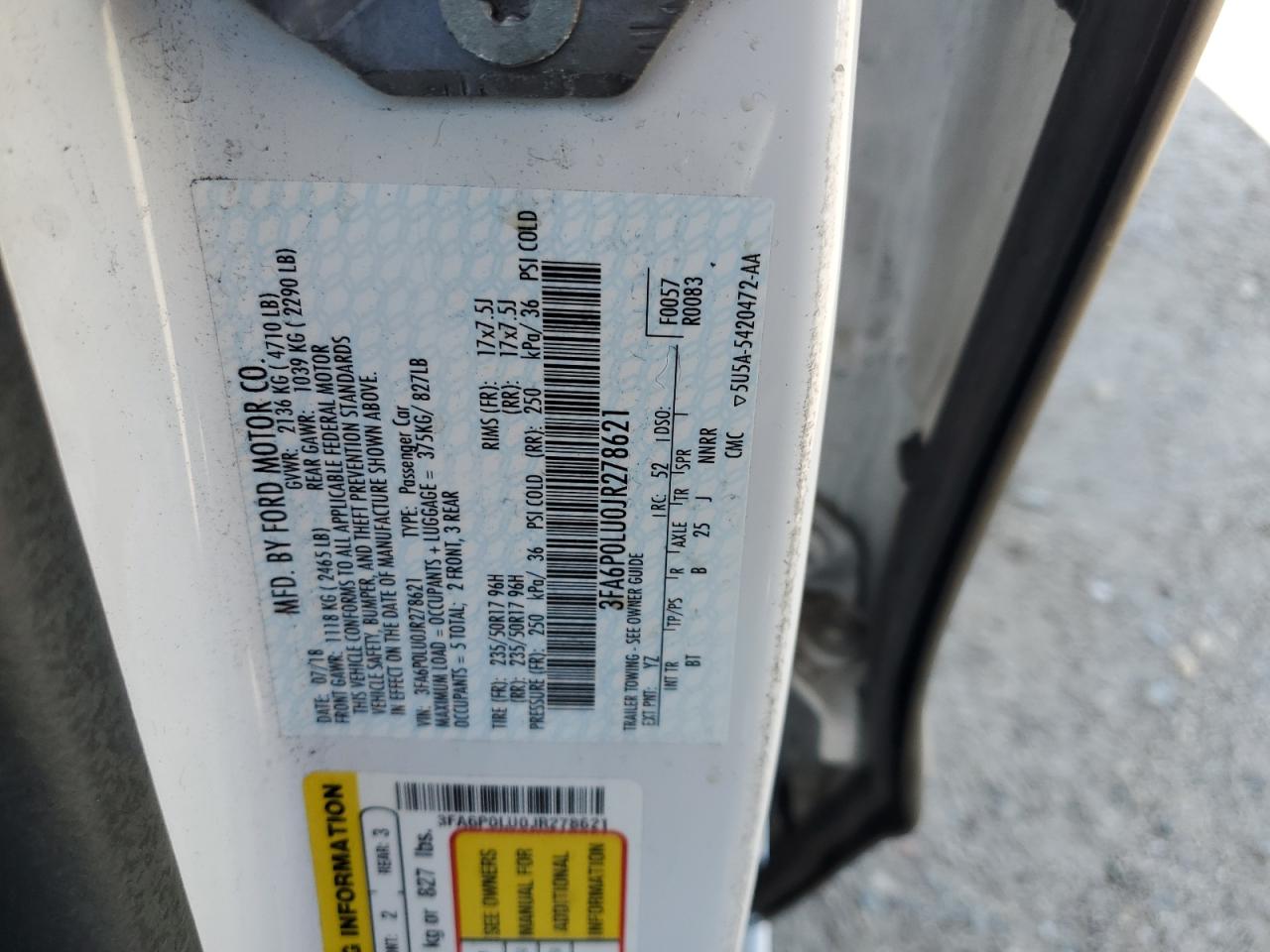 2018 Ford Fusion Se Hybrid VIN: 3FA6P0LU0JR278621 Lot: 56831285