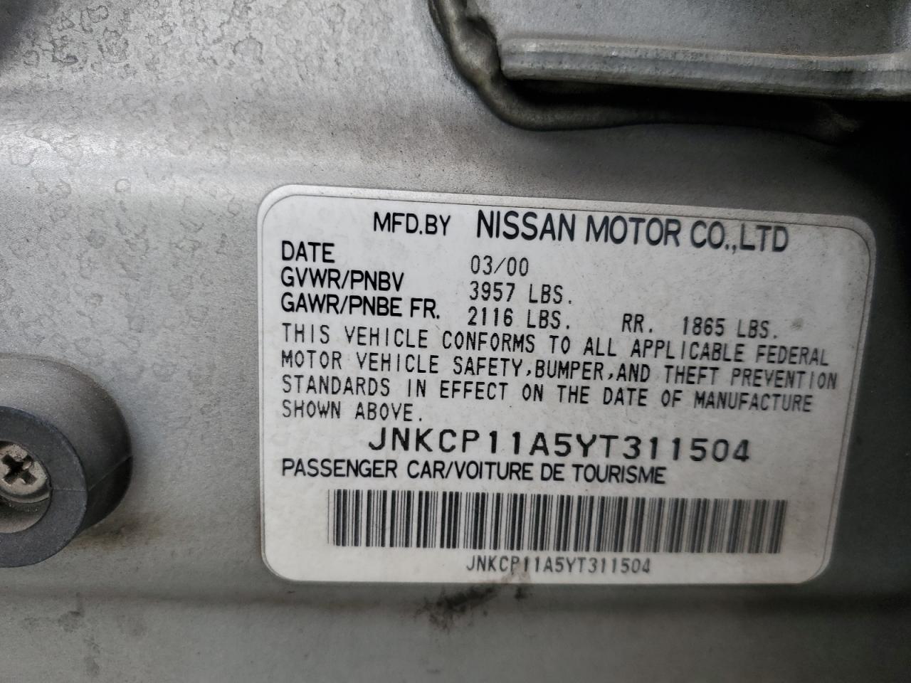2000 Infiniti G20 VIN: JNKCP11A5YT311504 Lot: 57530745