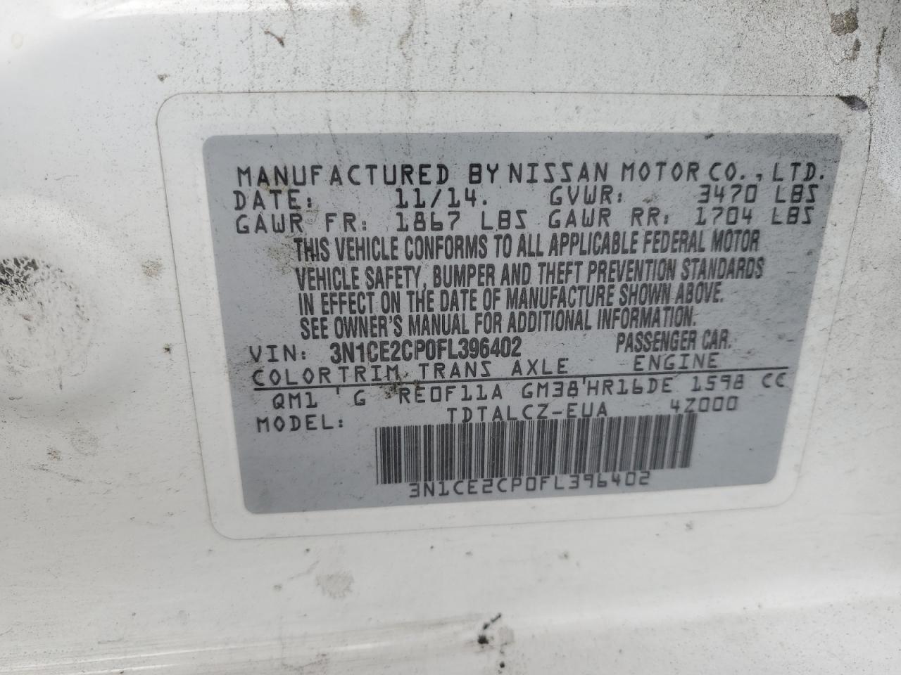 2015 Nissan Versa Note S VIN: 3N1CE2CP0FL396402 Lot: 56957015