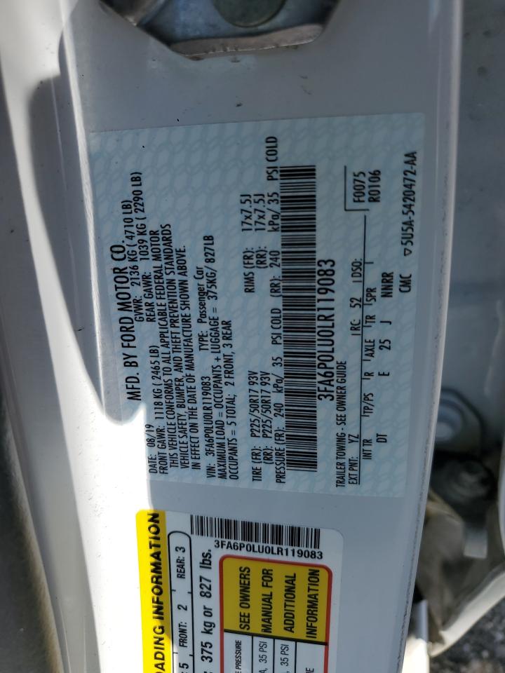 2020 Ford Fusion Se VIN: 3FA6P0LU0LR119083 Lot: 54038405