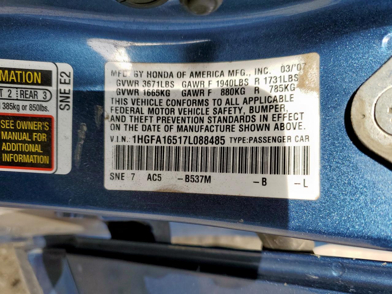 2007 Honda Civic Lx VIN: 1HGFA16517L088485 Lot: 56376755