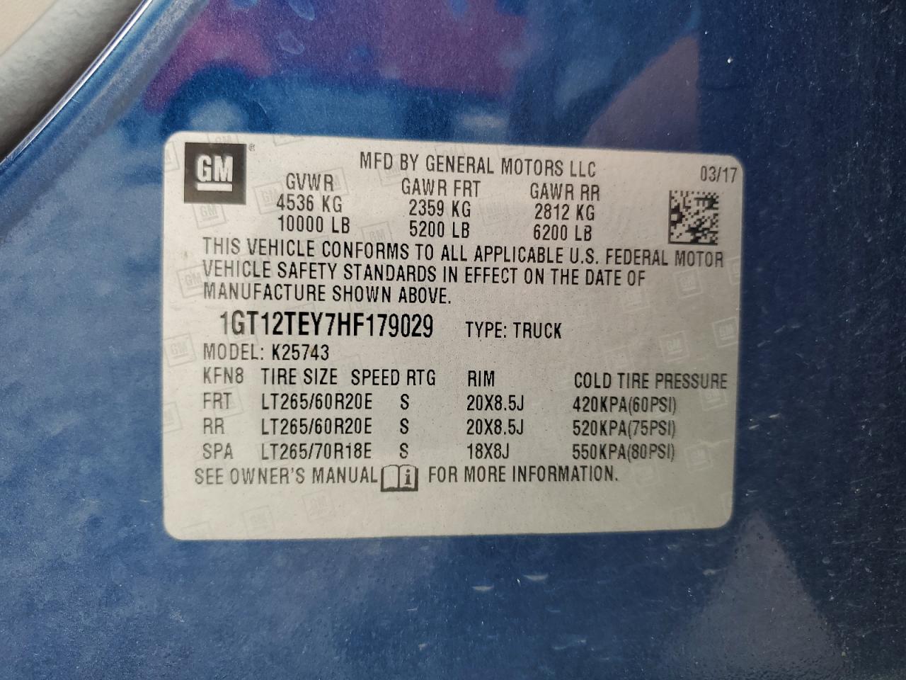 2017 GMC Sierra 2500 Hd Slt C VIN: 1GT12TEY7HF179029 Lot: 58330525